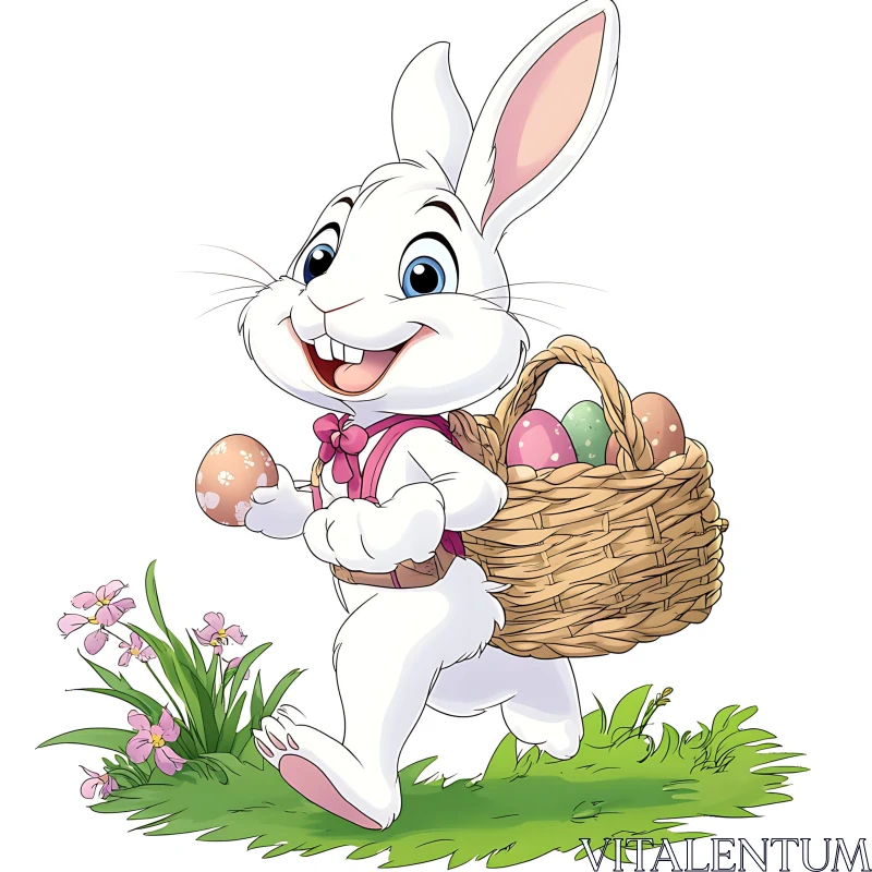 Cartoon Bunny with Easter Egg Basket AI Image