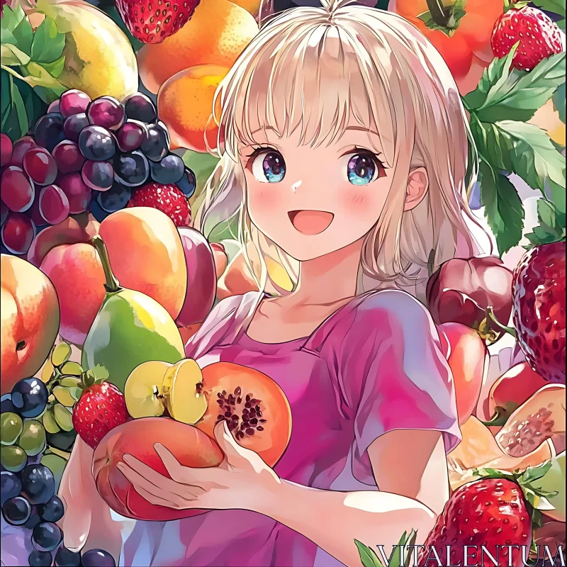 Colorful Anime Girl with Assorted Fruits AI Image