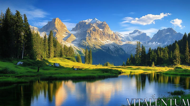 Tranquil Mountain Lake and Forest Scene AI Image