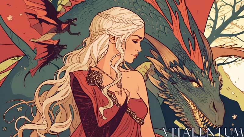 AI ART Woman and Dragons Fantasy Illustration