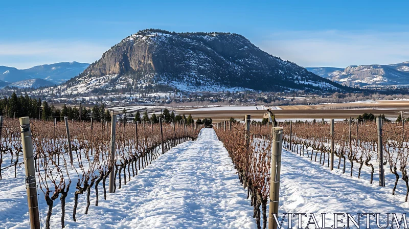 Snowy Vineyard Landscape with Mountain Backdrop AI Image