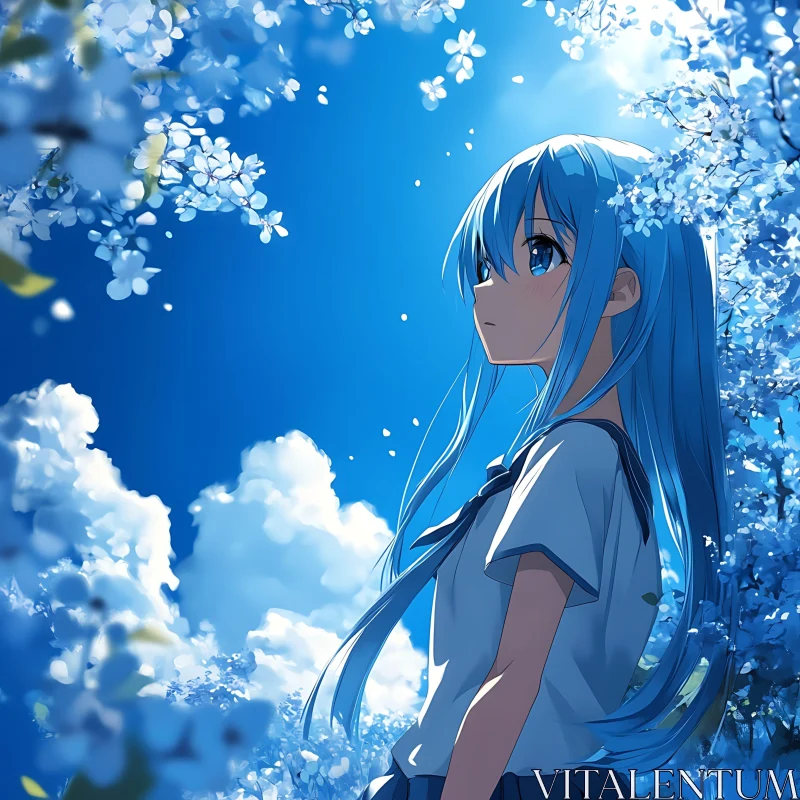 Serene Anime Girl with Blue Hair in Spring AI Image