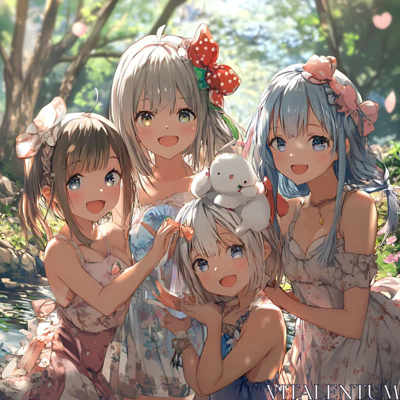 Anime Friends in Lush Greenery AI Image