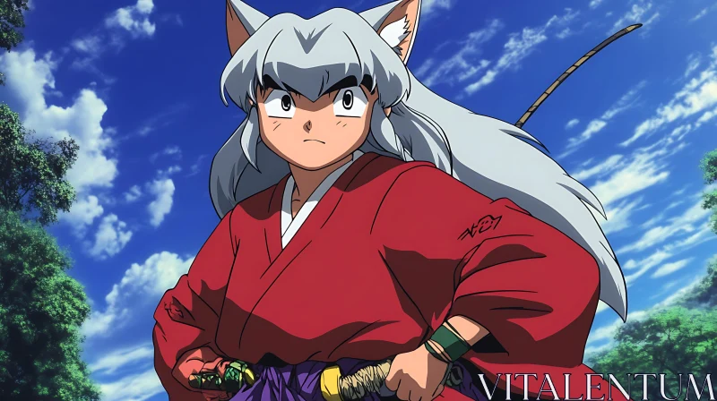 Anime Character with Silver Hair and Cat Ears AI Image