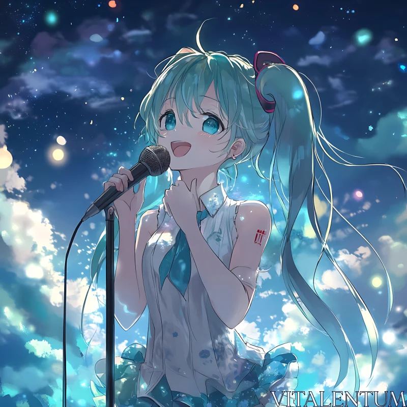 Blue-Haired Anime Singer with Microphone AI Image