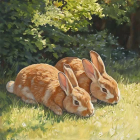 Two Rabbits Resting in a Field