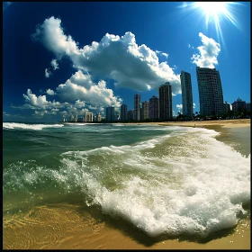 Coastal City Beach Under Blue Sky