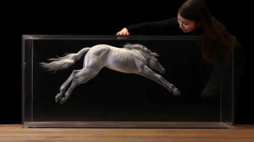 Intricate Horse Sculpture in Glass Case - Interactive Artwork