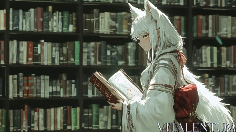 Fox-Eared Anime Girl in a Library AI Image