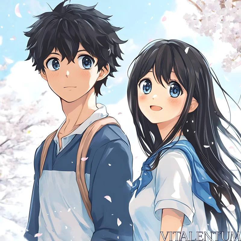 Romantic Anime Scene with Cherry Blossoms AI Image