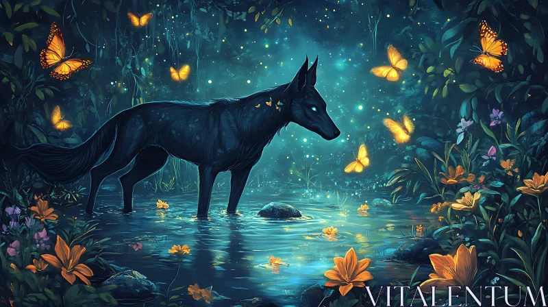 AI ART Mystical Wolf and Butterfly Scene