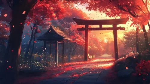 Japanese Autumn Sunset Garden with Torii Gate