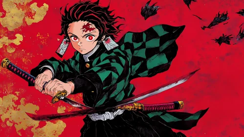 Anime Swordsman in Green Checkered Coat