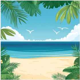 Peaceful Beach Scene with Birds Flying