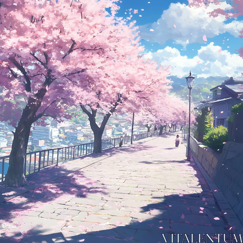 Blossoming Cherry Trees Along a Stone Pathway AI Image