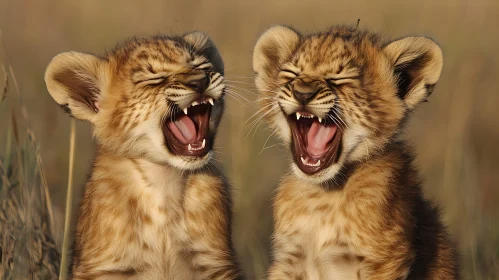 Two Lion Cubs Yawning Together