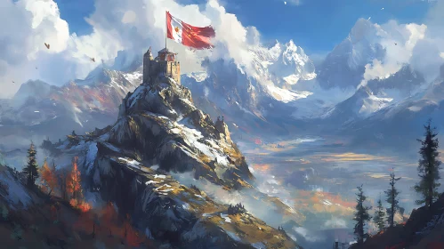 Mountain Castle with Waving Flag