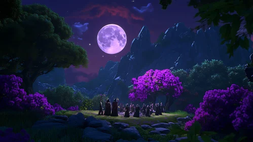 Moonlit Gathering in Magical Landscape