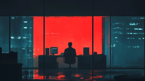 Urban Nightscape: Silhouette in Red and Blue