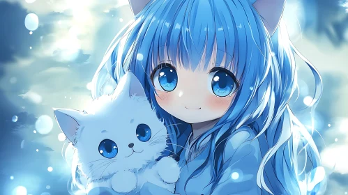 Adorable Anime Girl Holding a White Cat