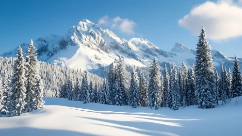 Snowy Mountain Landscape with Pine Forest