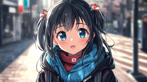 Adorable Anime Girl in Winter Cityscape