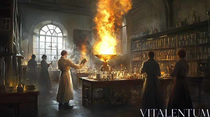 Old Science Lab with Burning Flame AI Image