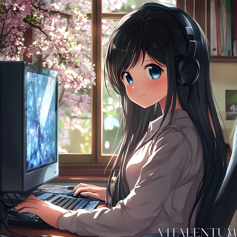 AI ART Anime Girl in Cozy Room with Computer and Cherry Blossoms