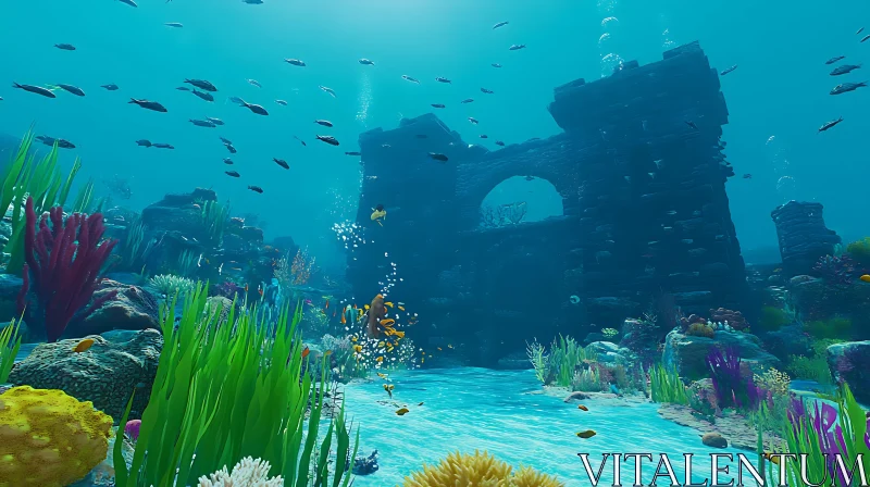 Underwater Ruins and Sea Life AI Image