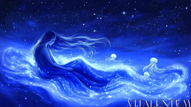 Dreamlike Scene: Woman, Jellyfish, and Stars AI Image