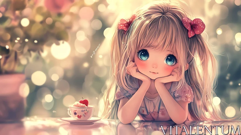 AI ART Cute Anime Girl with Blonde Hair and Pink Bows