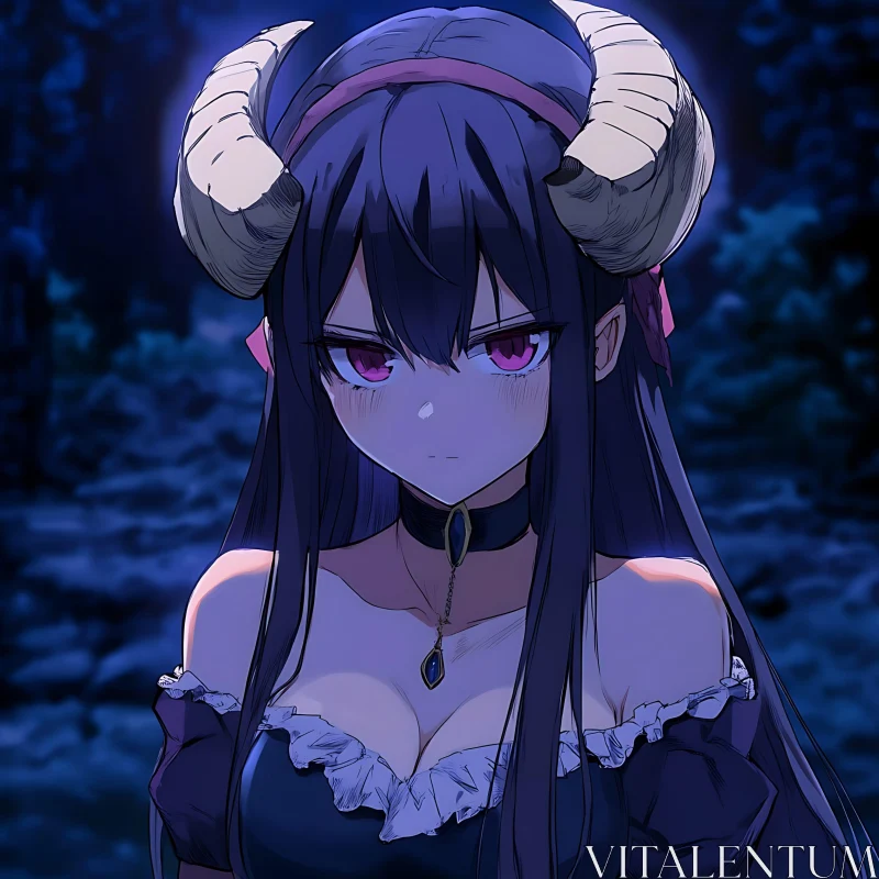 Anime Demon Girl in Dark Forest AI Image