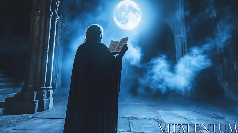 Silhouette Reading by Moonlight AI Image