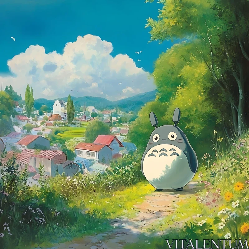 Anime Character Amidst Village and Nature AI Image