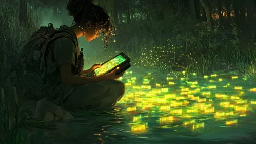 Mystical Forest Scene With Woman and Tablet