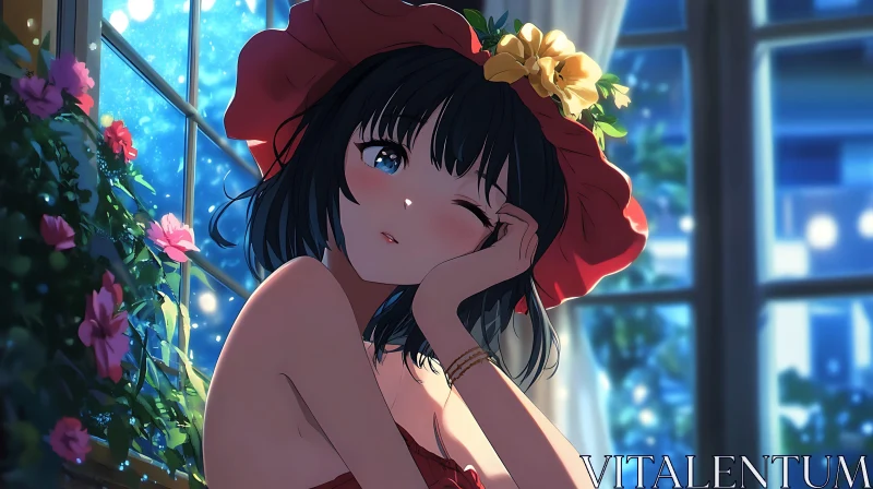 Anime Girl with Red Hat and Flowers at Night AI Image