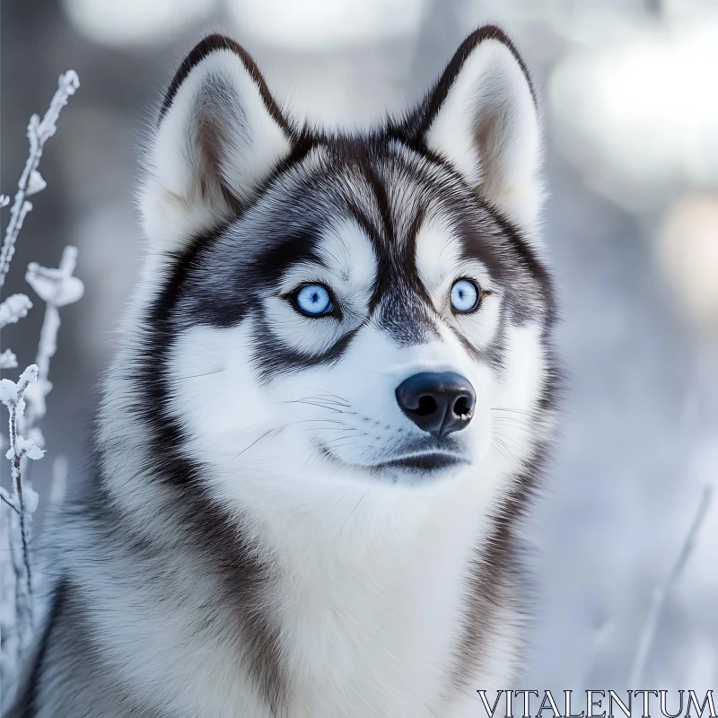 Close-up of a Husky with Blue Eyes in Winter AI Image