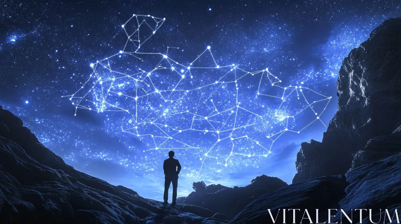 Silhouette Gazing at Celestial Constellation AI Image