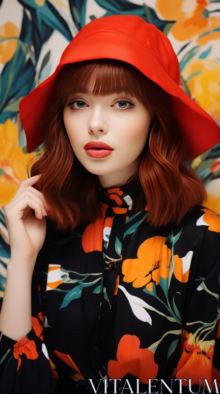 Captivating Portrait of a Woman in an Orange and Floral Hat AI Image
