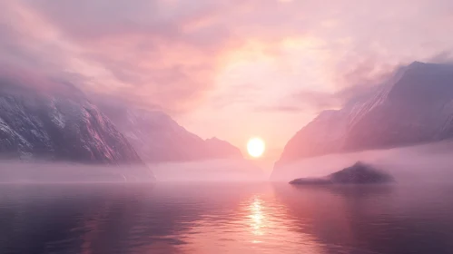 Ethereal Sunset Amidst Mist-Covered Peaks