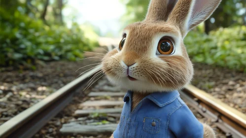 Rabbit in Blue Shirt on Tracks