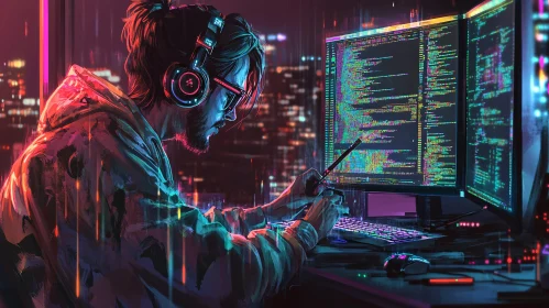 Programmer in a Neon Cyberpunk Ambiance