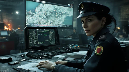 Police Officer Analyzing Data in Command Center