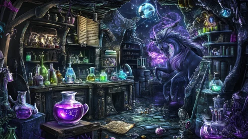 Mystical Alchemist's Workspace with Magical Creature