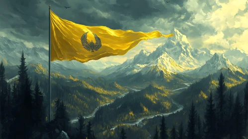 Mountain Valley View With Golden Flag