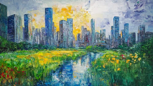 Urban Skyline Art with River View