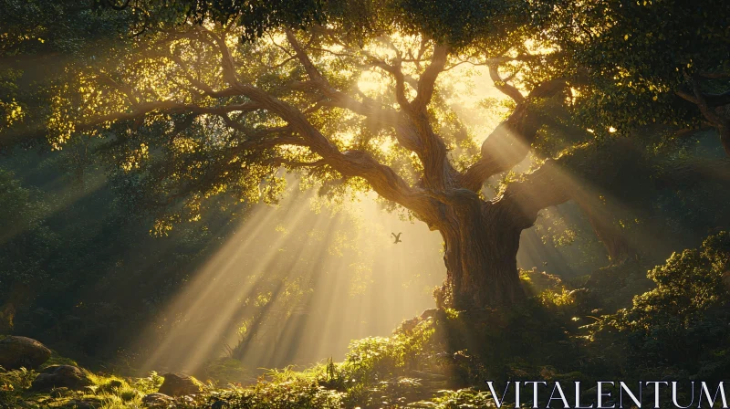 Sunlight Streaming Through Forest with Majestic Tree AI Image