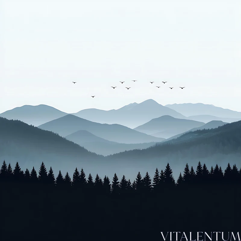 AI ART Layered Mountain Range with Flying Birds