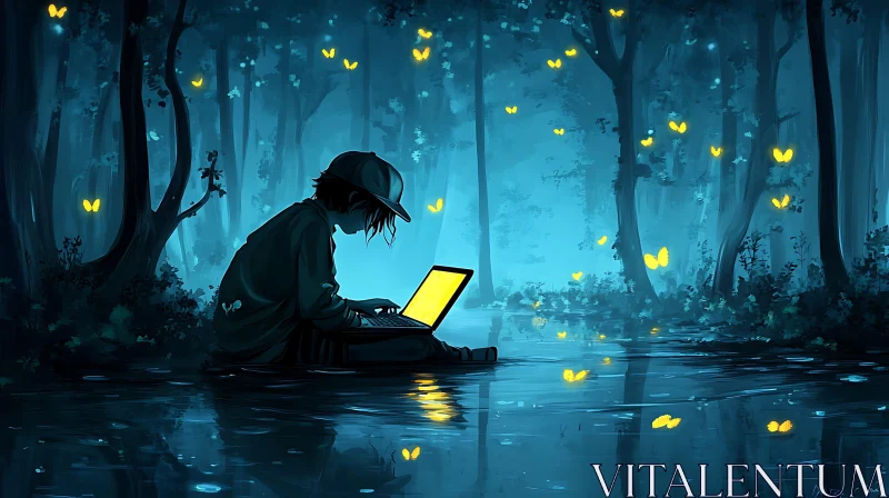 AI ART Forest Dreams: Laptop and Glowing Butterflies