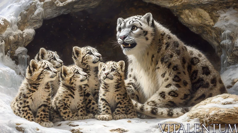 AI ART Leopard Cubs with Mother in Snow